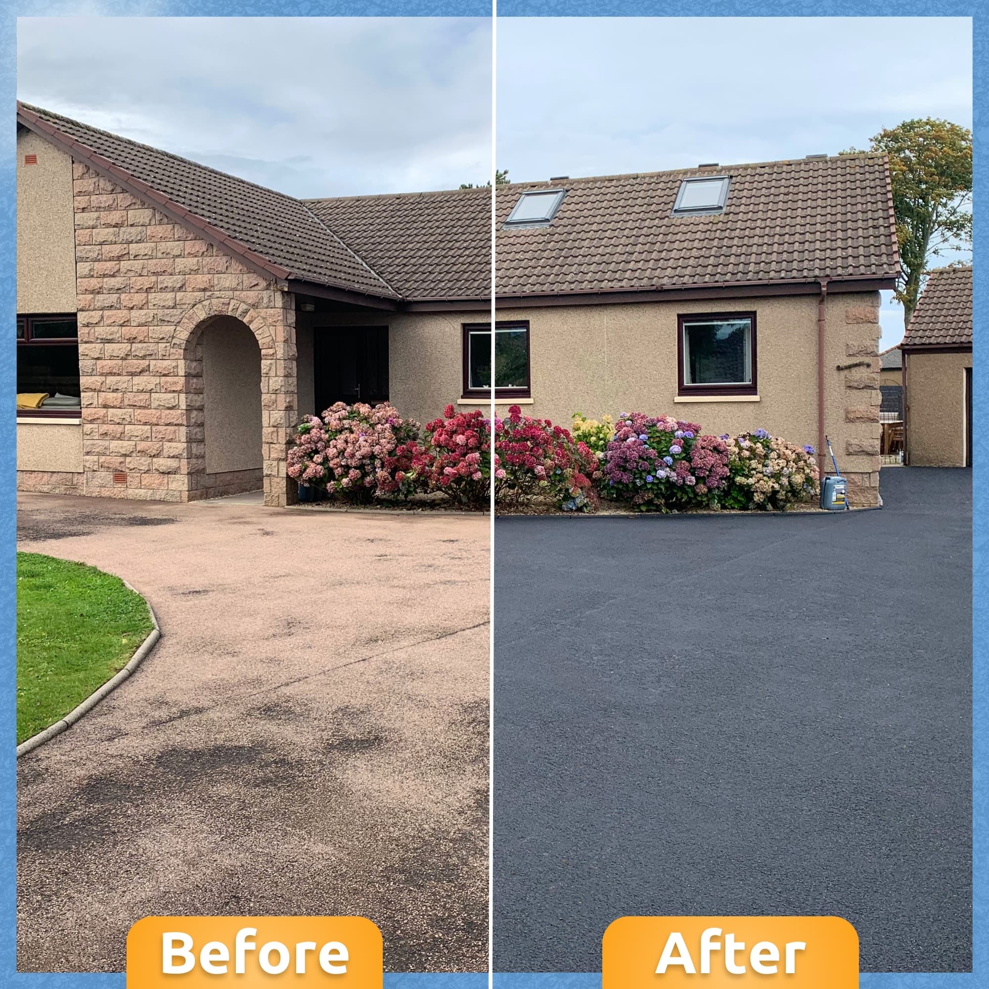 Before and after of a residential driveway restored from faded pink tarmac to deep black asphalt